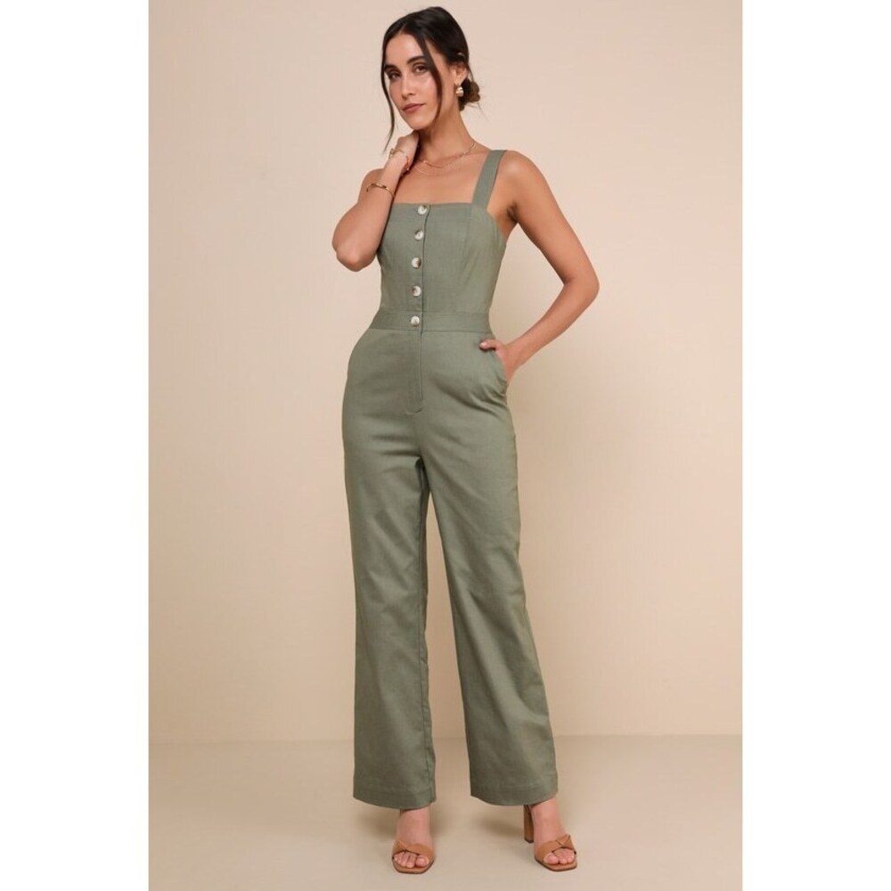 Lulus Practical Charm Sage Twill Button-front Straight Leg Jumpsuit Green